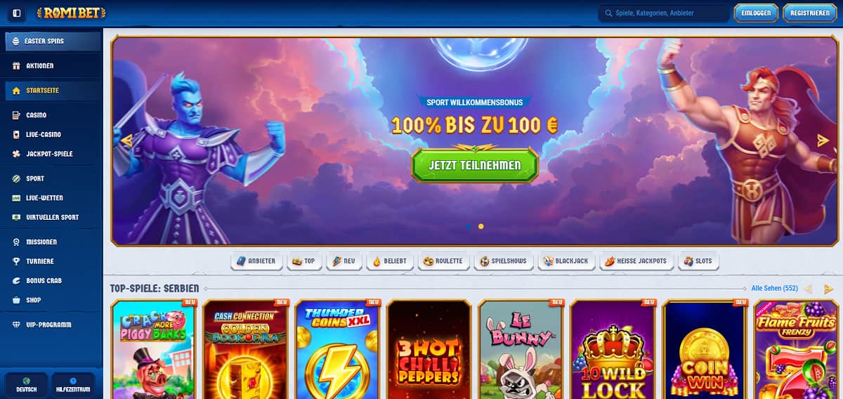 Romibet Casino-Startseite mit lebhaftem Design und animierten roten und blauen Kriegern, die einen 100 % Sportbonus bis zu 200 € bewerben. Die Oberfläche bietet Navigation für Casino, Live-Spiele, Jackpots, Sportwetten, Turniere und Top-Slots wie Book of Dead und Reel Rush.