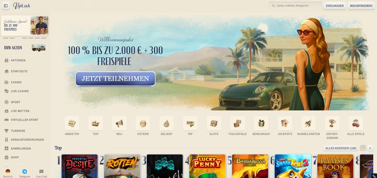 VipLuck Casino-Startseite mit Luxus-Banner, das eine Frau neben einem grünen Sportwagen zeigt, mit 100 % Willkommensbonus bis zu 2.000 € plus 300 Freispiele. Navigation umfasst Casino, Live-Casino, Sport, Turniere und Jackpots, mit Slots wie Immortal Desire und Ramses Book.